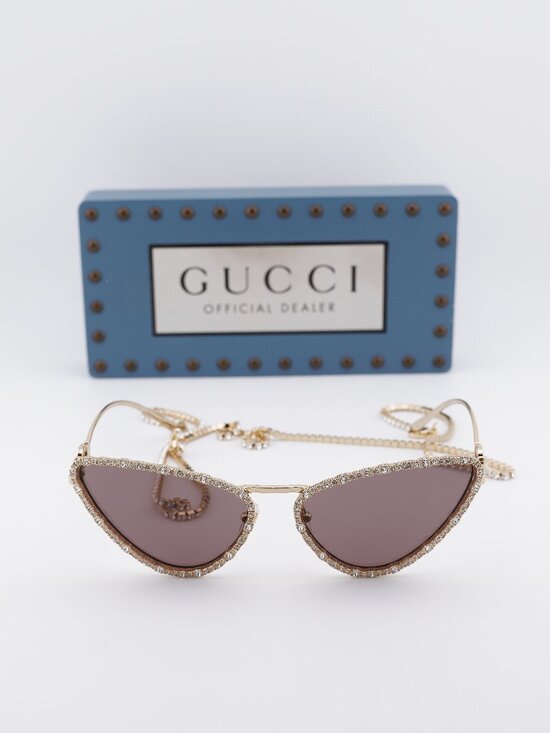 Gucci GG1569S 001 Cat Eye Sunglasses - Gold with White Stone / Brown main image 7